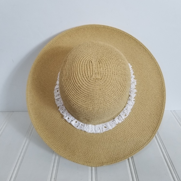 August Hat Co Wide Brim Straw Hat White Eyelet Band Summer Beach main image 8